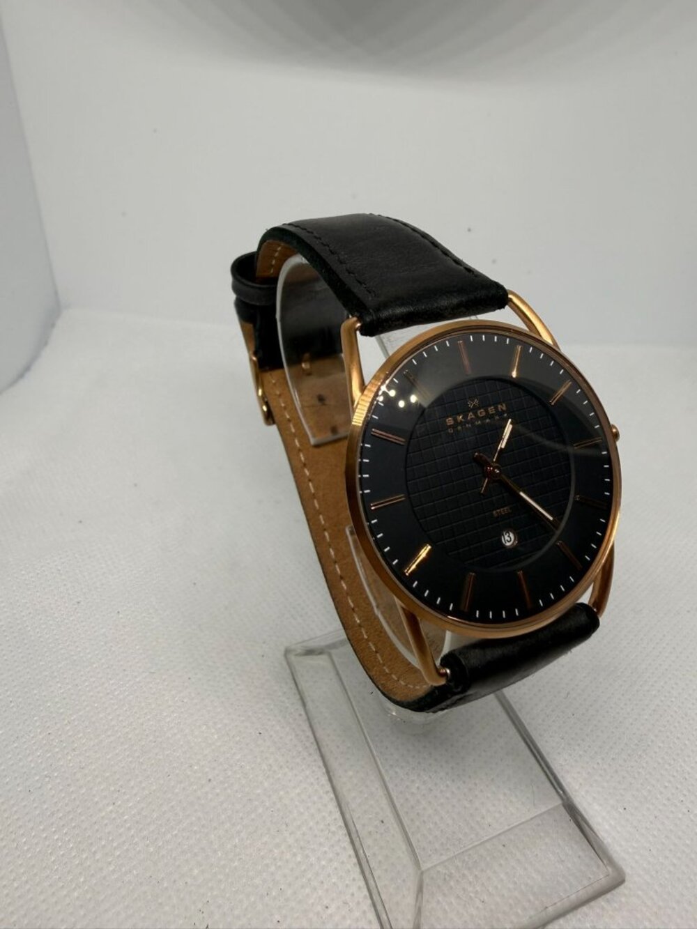 Skagen Ancher Men's 40mm Rose Gold-Tone Black Dial Date Black Leather Watch - Picture 7 of 10